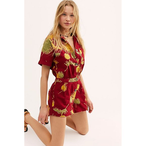 Free People Pants - NWT Free People Malibu Graphic Palms Print Romper Maroon Yellow Cotton Small